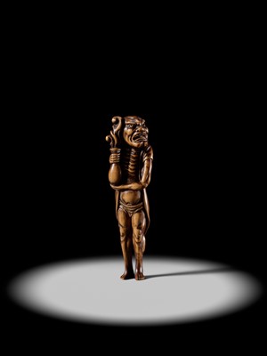Lot 87 - A SUPERB TALL WOOD NETSUKE OF RYUJIN’S ATTENDANT