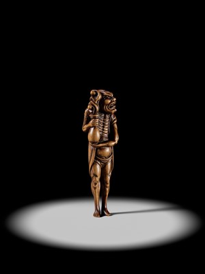 Lot 87 - A SUPERB TALL WOOD NETSUKE OF RYUJIN’S ATTENDANT