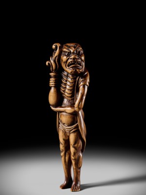 Lot 87 - A SUPERB TALL WOOD NETSUKE OF RYUJIN’S ATTENDANT