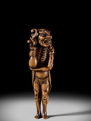 Lot 87 - A SUPERB TALL WOOD NETSUKE OF RYUJIN’S ATTENDANT
