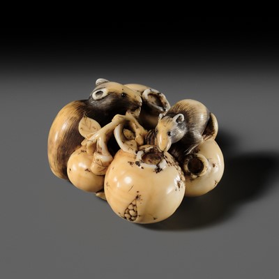 Lot 445 - A FINE KYOTO SCHOOL MARINE IVORY NETSUKE OF TWO RATS WITH POMEGRANATES