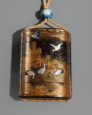 Lot 145 - AN INLAID FOUR-CASE LACQUER INRO WITH CRANES
