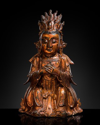 Lot 359 - A GILT-LACQUERED BRONZE FIGURE OF BIXIA YUANJUN, MING DYNASTY