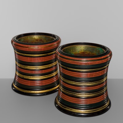 Lot 119 - A PAIR OF LACQUER WOOD AND COPPER HIBACHI (BRAZIER)