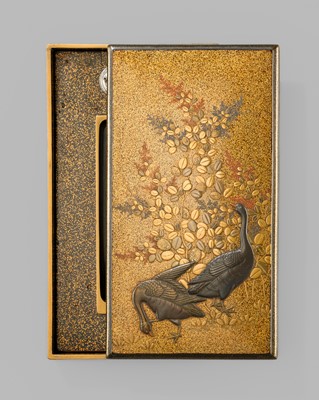 Lot 272 - A FINE SMALL SUZURIBAKO (WRITING BOX) DEPICTING GEESE AND BUSH CLOVER (HAGI)
