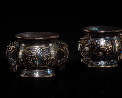 Lot 399 - A PAIR OF MINIATURE LAC BURGAUTÉ GUI-FORM CENSERS, 19TH CENTURY