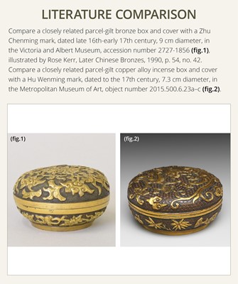 A FINE PARCEL-GILT BRONZE INCENSE POWDER BOX AND COVER, MING DYNASTY