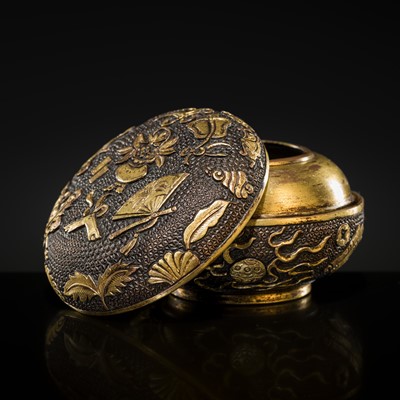 A FINE PARCEL-GILT BRONZE INCENSE POWDER BOX AND COVER, MING DYNASTY