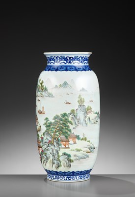 Lot 248 - AN ENAMELED ‘LANDSCAPE’ LANTERN VASE, QIANLONG MARK AND POSSIBLY OF THE PERIOD