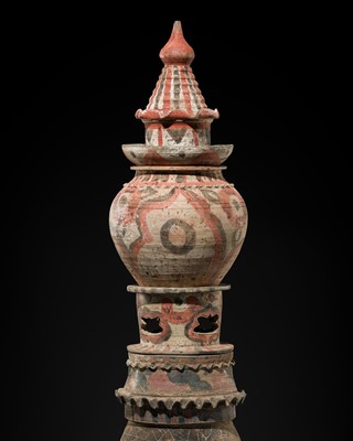 Lot 143 - A LARGE (81 CM) RELIQUARY STUPA WITH COVER AND STAND, TANG DYNASTY