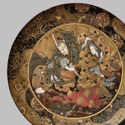 Lot 296 - A LARGE SHIBAYAMA INLAID GOLD LACQUER CHARGER WITH OMORI HIKOSHICHI