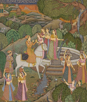 Lot 593 - A MUGHAL PAINTING OF PRINCE SALIM (THE FUTURE EMPEROR JAHANGIR) RECEIVING WATER FROM VILLAGE GIRLS AT A WELL