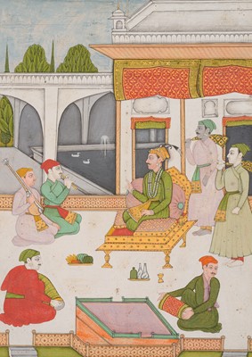 Lot 595 - A MINIATURE PAINTING OF A PRINCE WITH MUSICIANS AND ATTENDANTS, PAHARI, KANGRA, LATE 18TH-EARLY 19TH CENTURY