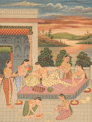 Lot 201 - A MINIATURE PAINTING OF A LADY AND HER SERVANTS PREPARING FOR THE BEDCHAMBER