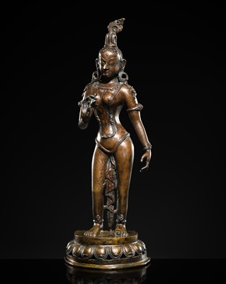 Lot 317 - A BRONZE FIGURE OF THE STANDING TARA, NEPAL, 18TH-19TH CENTURY