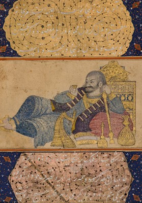 Lot 587 - A MINIATURE PAINTING OF A RECLINING SAFAVID NOBLEMAN, IRAN, 17TH TO 18TH CENTURY