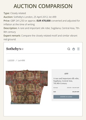 Lot 197 - AN ANCIENT AND VERY RARE SILK FRAGMENT WITH CONFRONTING LIONS AND BULLS, SOGDIANA, CIRCA 650 AD