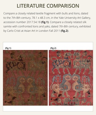 Lot 197 - AN ANCIENT AND VERY RARE SILK FRAGMENT WITH CONFRONTING LIONS AND BULLS, SOGDIANA, CIRCA 650 AD
