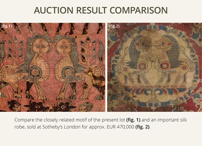 Lot 197 - AN ANCIENT AND VERY RARE SILK FRAGMENT WITH CONFRONTING LIONS AND BULLS, SOGDIANA, CIRCA 650 AD