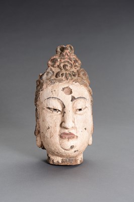 Lot 91 - A CARVED POLYCHROME WOOD HEAD OF GUANYIN