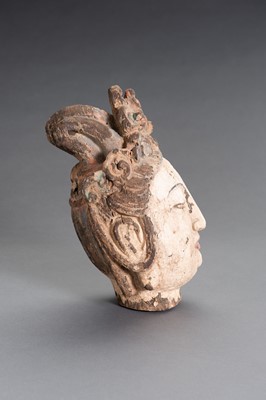 Lot 285 - A CARVED POLYCHROME WOOD HEAD OF GUANYIN