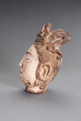 Lot 91 - A CARVED POLYCHROME WOOD HEAD OF GUANYIN
