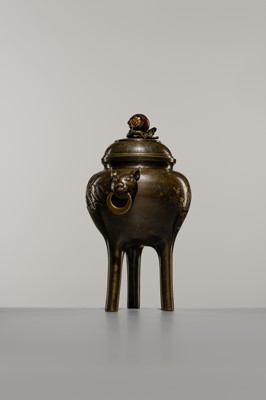 A BRONZE TRIPOD KORO (INCIENSE BURNER) AND COVER