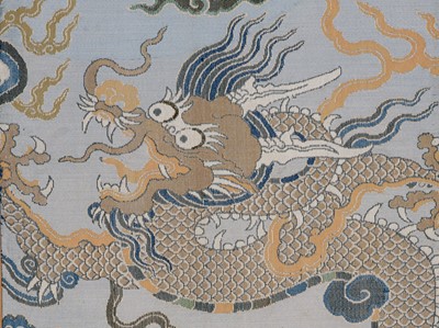 Lot 552 - A REMARKABLY FINE AND EARLY SILK BROCADE ‘DRAGON’ PANEL, CHINA, LATE MING DYNASTY
