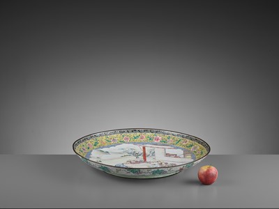 Lot 9 - AN EXCEPTIONAL AND VERY LARGE CANTON ENAMEL ‘SCHOLARS’ DISH, EARLY 18TH CENTURY