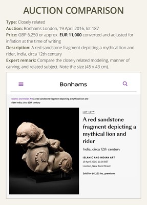 Lot 207 - A SANDSTONE CARVING OF A LION SUBDUING A WARRIOR, CHANDELA DYNASTY