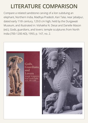 Lot 207 - A SANDSTONE CARVING OF A LION SUBDUING A WARRIOR, CHANDELA DYNASTY