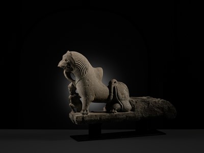 Lot 207 - A SANDSTONE CARVING OF A LION SUBDUING A WARRIOR, CHANDELA DYNASTY