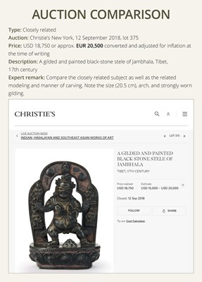 Lot 20 - A FINELY CARVED BLACK STONE FIGURE OF JAMBHALA, TIBET, 15TH-17TH CENTURY