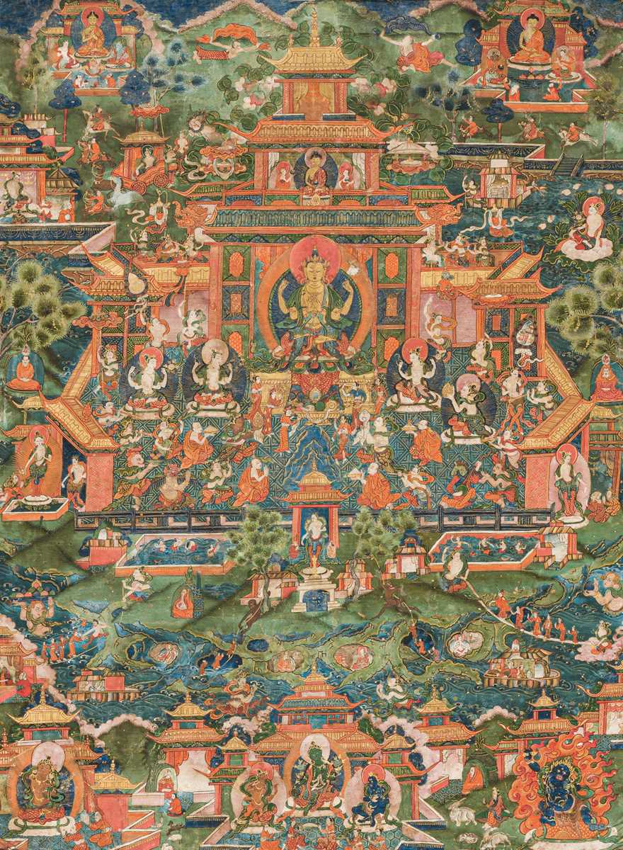 Lot 42 - A THANGKA DEPICTING SHADAKSHARI LOKESHVARA IN HIS POTALA PURE LAND, 18TH CENTURY