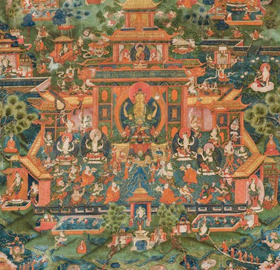 Lot 42 - A THANGKA DEPICTING SHADAKSHARI LOKESHVARA IN HIS POTALA PURE LAND, 18TH CENTURY