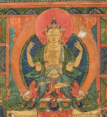 Lot 42 - A THANGKA DEPICTING SHADAKSHARI LOKESHVARA IN HIS POTALA PURE LAND, 18TH CENTURY