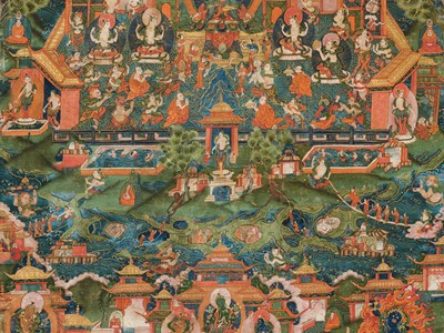 Lot 42 - A THANGKA DEPICTING SHADAKSHARI LOKESHVARA IN HIS POTALA PURE LAND, 18TH CENTURY