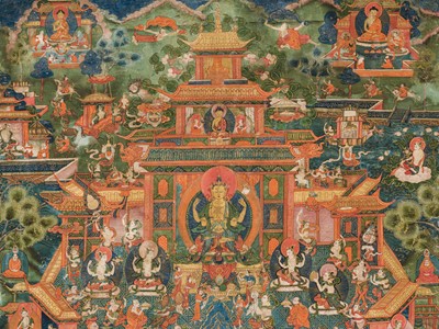 Lot 42 - A THANGKA DEPICTING SHADAKSHARI LOKESHVARA IN HIS POTALA PURE LAND, 18TH CENTURY
