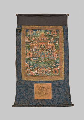 Lot 42 - A THANGKA DEPICTING SHADAKSHARI LOKESHVARA IN HIS POTALA PURE LAND, 18TH CENTURY