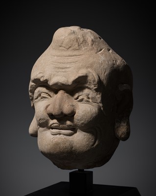 Lot 355 - A RARE SANDSTONE HEAD OF A LUOHAN, YUAN TO EARLY MING DYNASTY