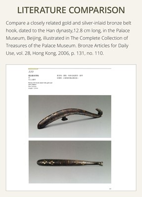 Lot 42 - A GOLD AND SILVER-INLAID BRONZE BELT HOOK, WARRING STATES-HAN DYNASTY