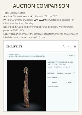 Lot 42 - A GOLD AND SILVER-INLAID BRONZE BELT HOOK, WARRING STATES-HAN DYNASTY