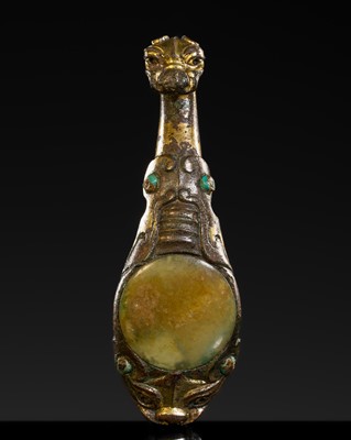 Lot 191 - A RARE TURQUOISE AND JADE-INLAID GILT-BRONZE BELT HOOK, LATE WARRING STATES-EARLY EASTERN HAN DYNASTY