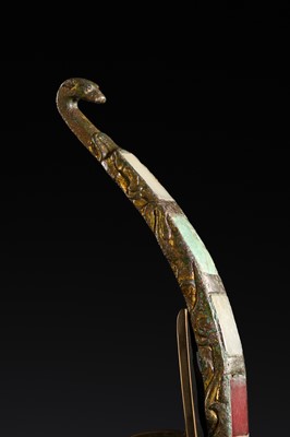 Lot 195 - A JADE, TURQUOISE AND GLASS-INLAID GILT-BRONZE BELT HOOK, HAN DYNASTY