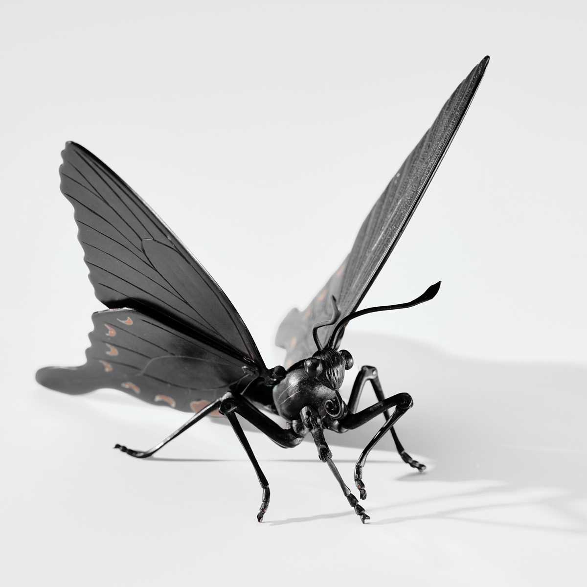 Lot 49 - KOZAN: A SUPERB INLAID SHAKUDO ARTICULATED ‘JIZAI’ OKIMONO OF A SWALLOWTAIL BUTTERFLY