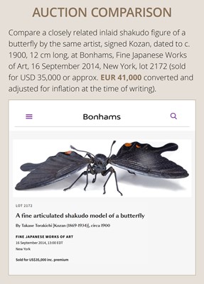 Lot 49 - KOZAN: A SUPERB INLAID SHAKUDO ARTICULATED ‘JIZAI’ OKIMONO OF A SWALLOWTAIL BUTTERFLY