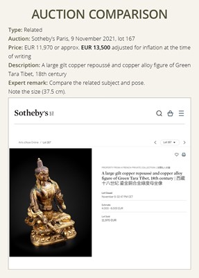 A FINE GILT BRONZE REPOUSSÉ FIGURE OF KHADIRAVANI TARA