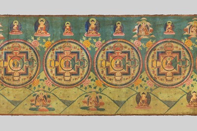 Lot 331 - A LARGE TEMPLE BANNER WITH TEN MANDALAS, LENGTH 382 CM