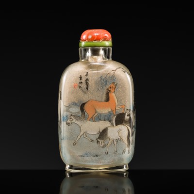 Lot 487 - AN INSIDE-PAINTED GLASS ‘EIGHT HORSES OF MU WANG’ SNUFF BOTTLE, BY YE ZHONGSAN, DATED 1901