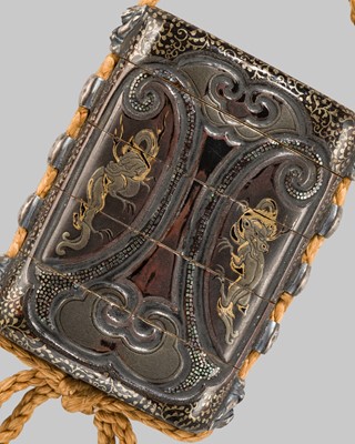 Lot 373 - A RARE FOUR-CASE INLAID LACQUER INRO WITH DRAGONS, PUBLISHED AND EXHIBITED IN 1894